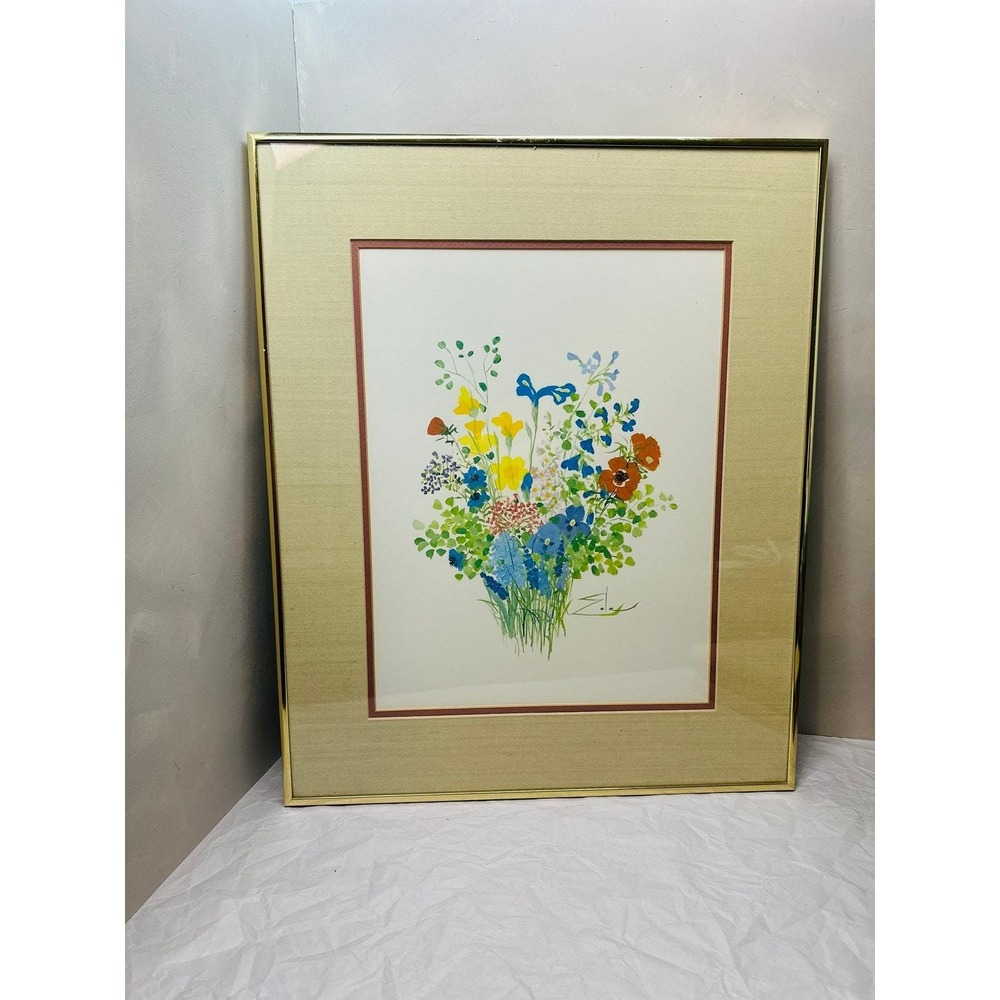 Vtg Signed Framed Floral Print Large Wall Art 18x22